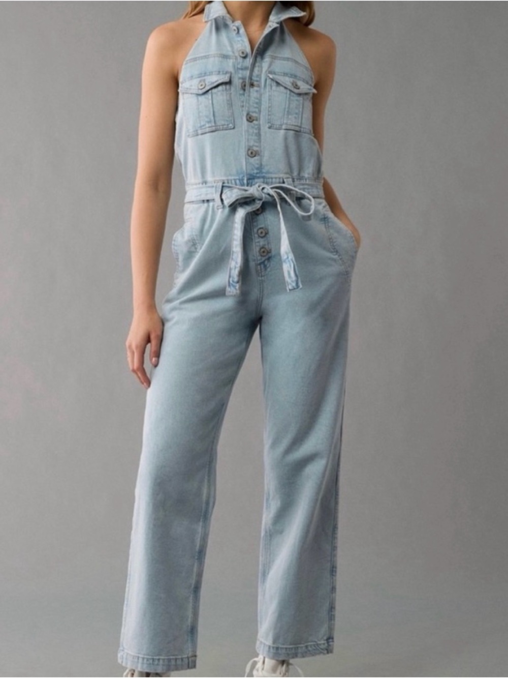 American Eagle Denim Collared Halter jumpsuit XS